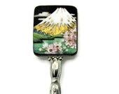 Toshikane Souvenir Spoon Mount Fuji Tile Snowy Mountain Top Scene Pink Cherry Blossoms Japanese Arita Porcelain HandPainted Ceramic Finial
