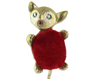 Kitty Kat PinCushion / Aurora Borealis Eyes / Red Rhinestone Mouth/ 1957 Sears Christmas Wishbook / Gold Plated  Metal /Red Velvet Belly