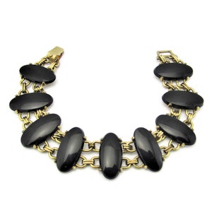 WRE 12k GF Art Deco Genuine Onyx Bracelet/W.E Richards Company/Gold Filled Double Links/Pinkish Gold tone/Prong Set Oval Black Cabochons