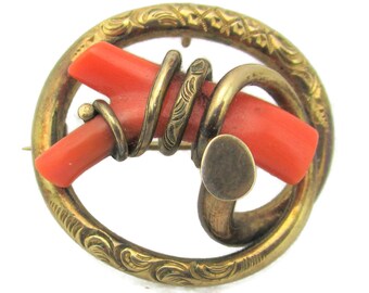 Victorian Coral Branch Brooch Pendant/10k Rolled Gold Love Knot Etched Coils/Art Nouveau Acanthus leaves Design /Early Tube Hinge
