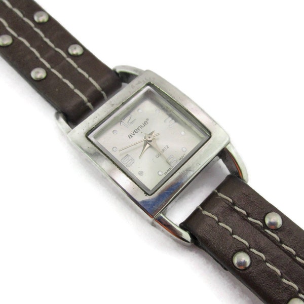 AVENUE Quartz Watch/Brown Studded Leather Strap/Silver Tone Square Dial/Japan Movement/New Battery