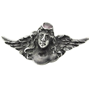 Art Nouveau Cherub Garnet Brooch/Cherubim Putti Angel with Wings /Victorian Cupid Sterling Silver 925 Pin/ Love and Devotion Theme Jewelry