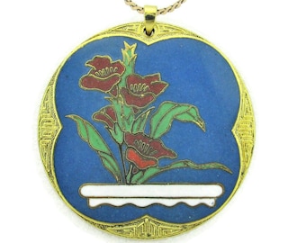 Collana Blu Cloisonne Bonsai/Fiori Marroni & Foliage/PEKING JEWELRY COMPANY Pendente botanico/Medaglione di smalto floreale/Vaso vegetale bianco