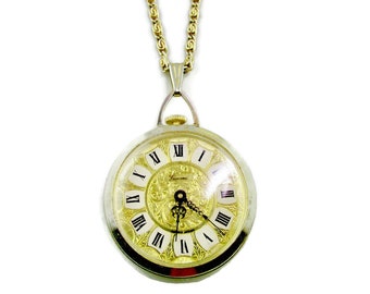 Lucerne Necklace Watch/Wind Up Mechanical /Repousse Gold Dial/Gold Roman Numeral White Cartouches/Gold Plated Snail link Chain