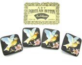 Toshikane Blue Tit BIRD Button Self Shank Black Background Hand Painted Japan Arita Porcelain Exotic Yellow Breast Pink Flower Green Bud