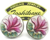Toshikane LOTUS Earrings Pink Flower of Rebirth Enlightenment Green Lily Pads Foliage White Ceramic HandPainted Arita Porcelain 950 Silver