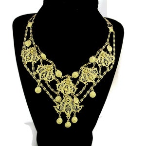 Indo-Craft Filigree Bib Necklace/Rice Weiner Gold Tone Finish/Paper Clip Snail links/Faux Cannetile Coils/Middle Eastern Style Swags