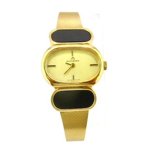 Bucherer Armbanduhr/vergoldetes Flex-Mesh-Band/Mechanisches Uhrwerk/Goldenes Zifferblatt/Inlay Oval Black Onyx Cabochons/Swiss Made/Einstellbar auf 20 cm