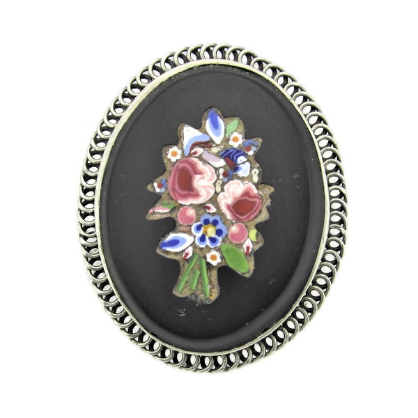 Victorian Venetian Mosaic Brooch/Colorful Millefiori Floral Bouquet/ Onyx Jet Oval Cameo/ Sterling Silver Bezel/Pink Flowers & Green Foliage