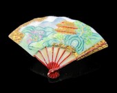 Small Toshikane Japan Fan Brooch Summer Pagoda Garden Red Spines Arita Porcelain Floral Green Gold Blue Brown Hand Painted 3D Kojima Art