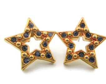 AVON Star Earrings/Blue Round Rhinestones/ Gold tone /For Pierced Ears