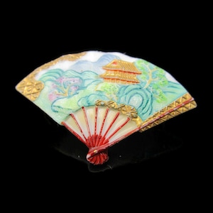 Small Toshikane Japan Fan Brooch/Summer Pagoda Garden/Red Spines / Arita Porcelain Floral /Green Gold Blue Brown/Hand Painted 3D Kojima Art