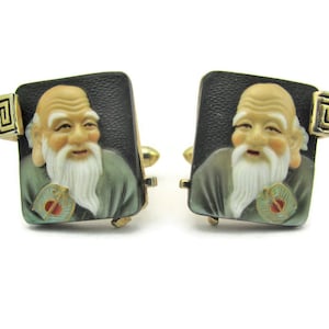 Toshikane FUKUROKUJU Cufflinks By Swank/7 Fortune god/Longevity/Japanese Arita Porcelain Tile/HandPainted Ceramic/ Wisdom & Wealth