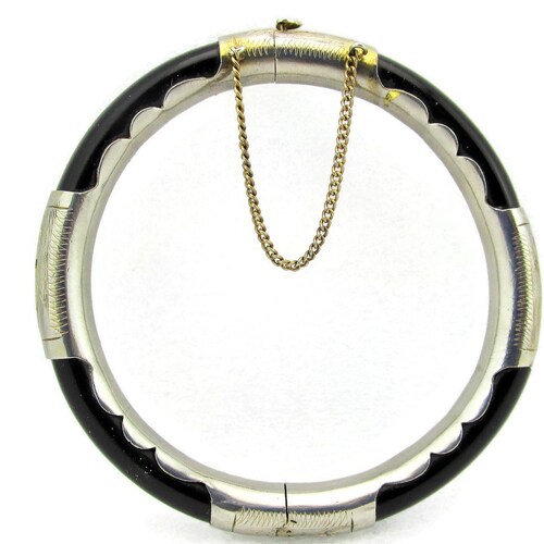 Gilt Silver Mandarin Hinged Bracelet / shops Chinese Export Silver Bangle/Tube Onyx 950 Silver/ Safety Chain/ Jade Dynasty Collection