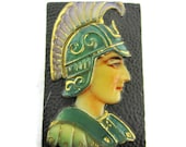 Toshikane CENTURION Flat Back Tile Ancient Roman Military Officer Soldier Lilac Green Black Hand Painted Japanese Arita Porcelain NOT BUTTON
