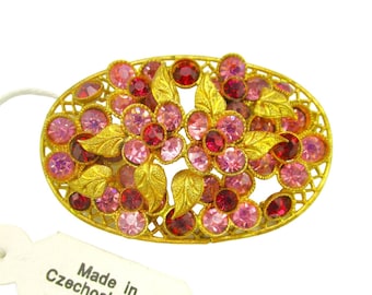 Art Deco Floral Czech Brooch/Pink & Red Rhinestones/Richly Gold Plated Filigree Oval Pin/ 754 Czechoslovakia/Golden Leaves 4 Petal Flowers