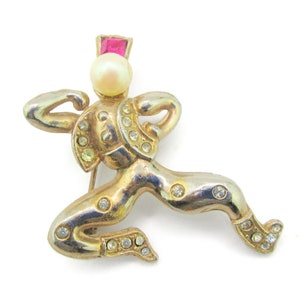 Alfred Philippe Trifari Sasha Brooch/Cossack Dancer /Faux Pearl  Face/Clear Chaton Rhinestones/Pink Keystone Hat /Unsigned Gold Tone