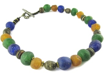 Recycled African Glass Necklace/  Cobalt Blue Beach Glass/ Green  &  Yellow Sea Glass Choker / MultiColored Beaded Toggle Necklace