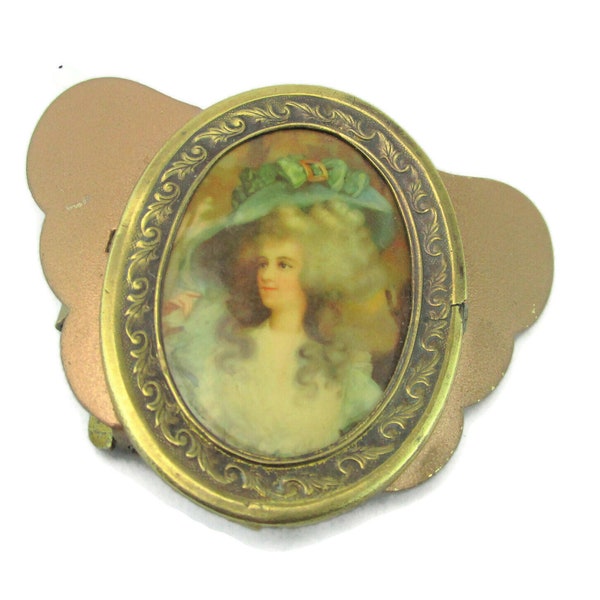 Viktorianische Marie Antoinette Gürtelschnalle/MiniaturPortrait Kamee/Bouffant Dame in Blauem Kleid Breite Krempe Mütze/Antique French Fashion Accessoire