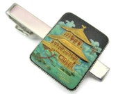 Toshikane Tie Clip kinkakuji Temple Golden Pavilion Tile Phoenix Roof Ornament Summer Scene Yellow Pagoda Arita Porcelain 925 Silver UNISEX