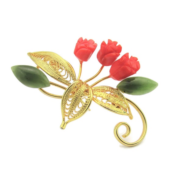 Coral Tulips Jade Leaves Brooch/Taiwanese Hand Polished Nephrite/Gold tone Filigree PIn /Hand Set 3d Stones/Figural Botanical Sculptured Pin