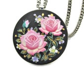Toshikane Pink Roses Brooch Necklace Purple Forget-Me-Nots Green Foliage Black Circle Pin HandPainted Arita Porcelain Heavy 925 Silver Chain