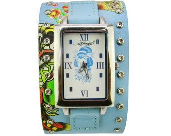 Ed Hardy Geisha  Watch/Blue Leather Band/ White Dial Roman Numerals / Pink Flowers & Butterfies /NEW BATTERY