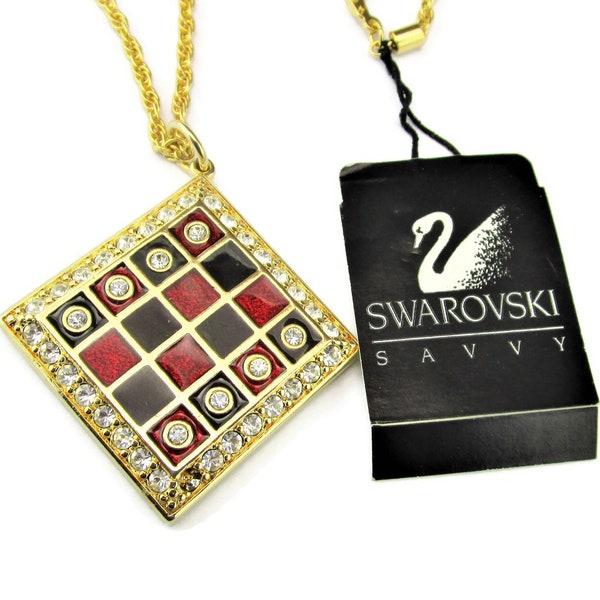 Savvy By Swarovski  Checkers Pendant Necklace/Clear Round Crystals / Red and Black Enamel/Gold Tone Vonelle Figural Casino Draughts Game