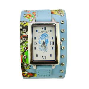 Ed Hardy Geisha  Watch/Blue Leather Band/ White Dial Roman Numerals / Pink Flowers & Butterfies /NEW BATTERY