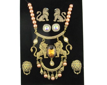 Heidi Daus Queen of the Jungle Necklace Earrings Lot/Swarovski Colorado Topaz & Crystal Golden Shadow Pave TWIN LIONS/New Sparkle Box Vol II