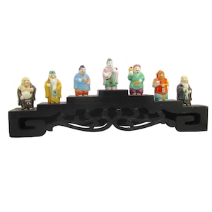 Toshikane 7 Fortune gods & Stand 2 3/8&quot; Figurines/ 14&quot; Mahogany Stained Wood Stand/Seven Immortals of Japan 60mm/HandPainted Arita Porcelain