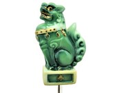 Toshikane FOO DOG Spoon Left Facing Ceramic Finial Rare Green Chinese Guardian lion Hand Painted Arita Porcelain Demitasse Sterling Silver