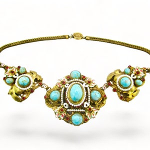 Ernest Steiner Austro Hungarian Necklace/Art Nouveau Gilt Brass  Setting/Turquoise Matrix Glass Cabochons & Faux Pearls/Ruby Red Rhinestones