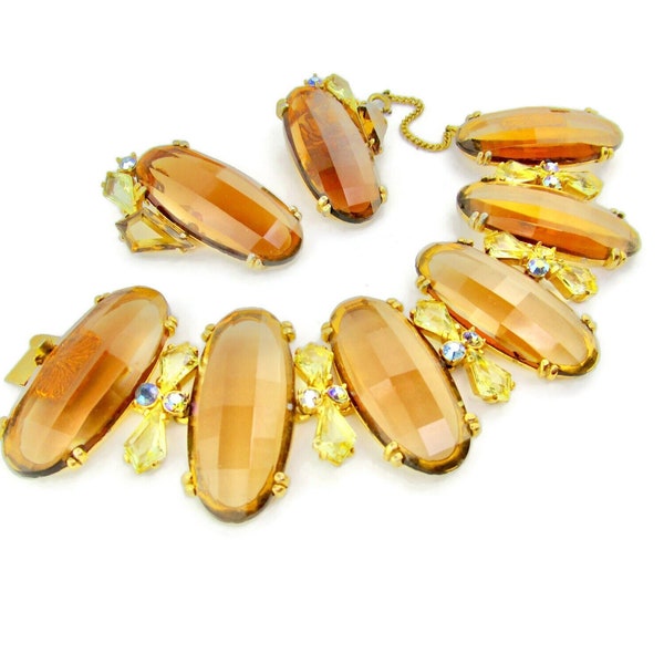 Schiaparelli Armband & Ohrringe / Übergroße Oval Lt Topaz Kissenschliffsteine / Jonquil Yellow Kites / Ab Chatons / Unfolierte Strasssteine