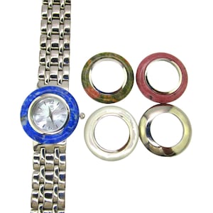 Colleen Lopez Gem Dial Watch/Lapis Lazuli Rhodonite Mother of Pearl Unakite/5 Interchangeable Round Bezels/Mother of Pearl Dial/ NEW BATTERY