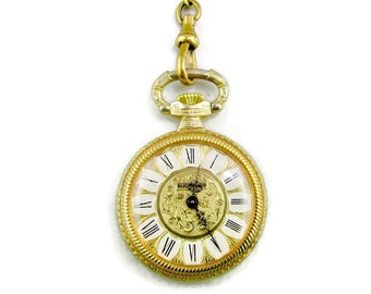 Bucherer Necklace Watch/Wind Up Mechanical Pocketwatch/Repousse Gold Dial/Gold Roman Numerals on White Cartouches/Gold Tone Chain