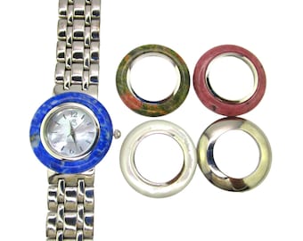 Colleen Lopez Gem Dial Watch/Lapis Lazuli Rhodonite Mother of Pearl Unakite/5 Interchangeable Round Bezels/Mother of Pearl Dial/ NEW BATTERY