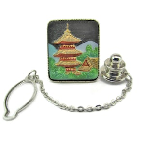 Toshikane Tie Tack /Chureito Pagoda / Hand Painted Arita Porcelain Nara/富士山 Fujiyama/Holy Mountains / 三霊山 Sanreizan/925 Silver Tie Accessory