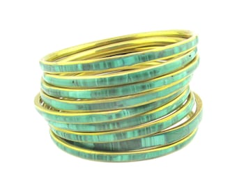 9 Malachite Bangles/ Natural banded Green Stone Inlay Brass/Boho Hippie Cuff Bracelets