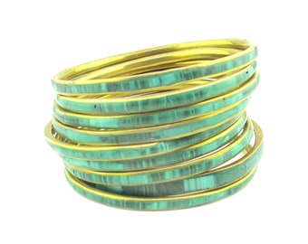 9 Malachite Bangles/ Natural banded Green Stone Inlay Brass/Boho Hippie Cuff Bracelets