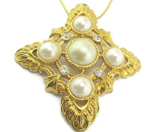 KJL for AVON Renaissance Pin/Kenneth Jay Lane Cross/White Faux Pearl Cabochons/Clear Rhinestones /Gold Tone Convertable  Pin or Pendant