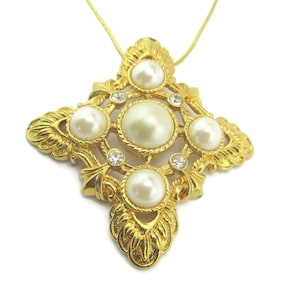 KJL for AVON Renaissance Pin/Kenneth Jay Lane Cross/White Faux Pearl Cabochons/Clear Rhinestones /Gold Tone Convertable  Pin or Pendant
