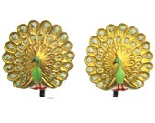 Toshikane PEACOCK Earrings Clip-on Bird Flat Back Hand Painted Arita Porcelain Mint Green Ceramic Gold Brown Colorful Kojima Art Jewelry