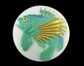 Toshikane Fish button Green Koi with Gold Accents on White Background Micro Art Hand Painted Japanese Arita Porcelain For Jewelry or Sewing