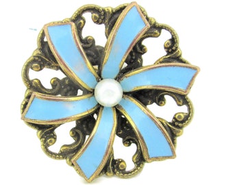 Victorian Pinwheel Brooch/ Blue Enamel Swirl Ribbons/ Central Prong Set Faux Pearl/Gold Tone Roman Filigree  Scatter Pin