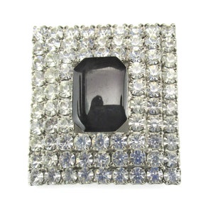 Art Deco Retangular Brooch/Clear Prong Set Rhinestones /Black Oblong Central Octagon Cabochon /Silver Tone Rhodium Plated /Geometric Pin
