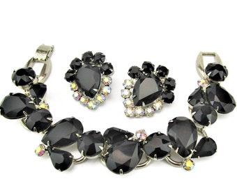 JULIANA D &E Pulsera Pendientes Demi Parure / Jet Black Grandes Peras lágrimas y chatones redondos / AB Acentos de pedrería / 5 enlace Ajuste de tono de plata