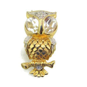 Coro Owl Brooch/Gold Tone Rhodium Plated Pin/Clear Rhinestones and Golden Enamel
