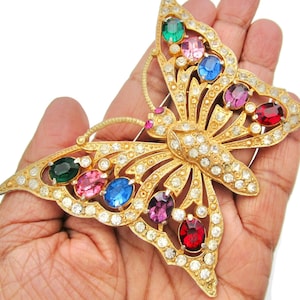 Massive SCHRAGER "The Glorious Butterfly" Pin/Design No 394/Big Oval Multi Colored Stones/Small Clear Round Rhinestones/Gold Tone Pot Metal