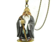 Toshikane Japan FUKUROKUJU Necklace 14k Yellow Gold Pendant トシカネ 3D Seven Fortune god Hand Painted Arita Porcelain Patron of Wisdom